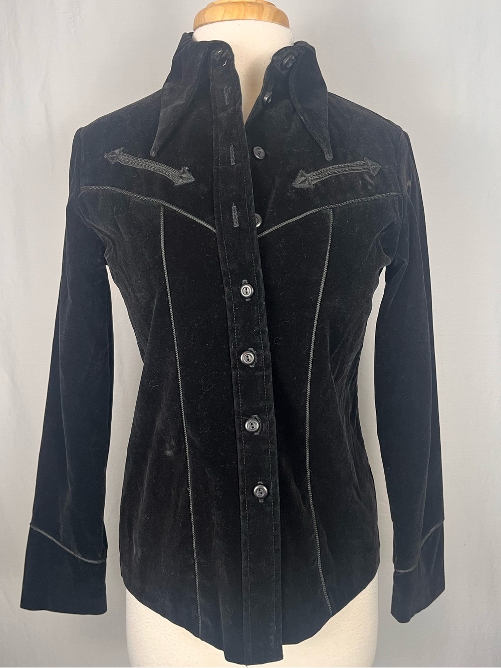Vintage Black Velvet Western Cowgirl Shirt Size Small Button Down Fitted Country